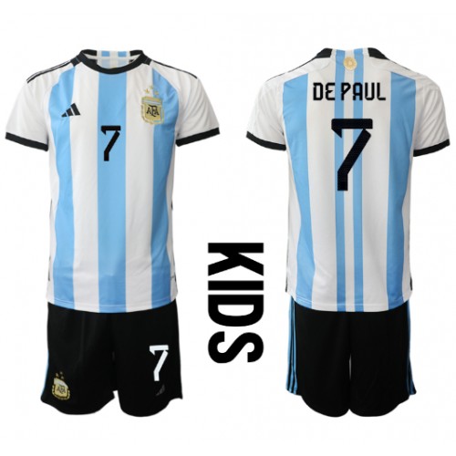 Fotbalové Dres Argentina Rodrigo de Paul #7 Dětské Domácí MS 2022 Krátký Rukáv (+ trenýrky)